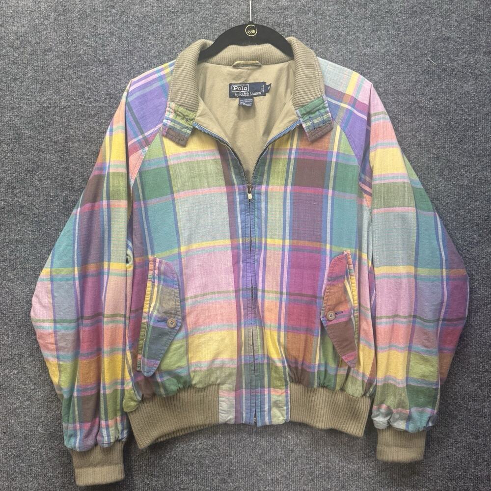VTG 90s Polo Ralph Lauren Madras Plaid Zip Bold Pastel Harrington Golf Jacket M